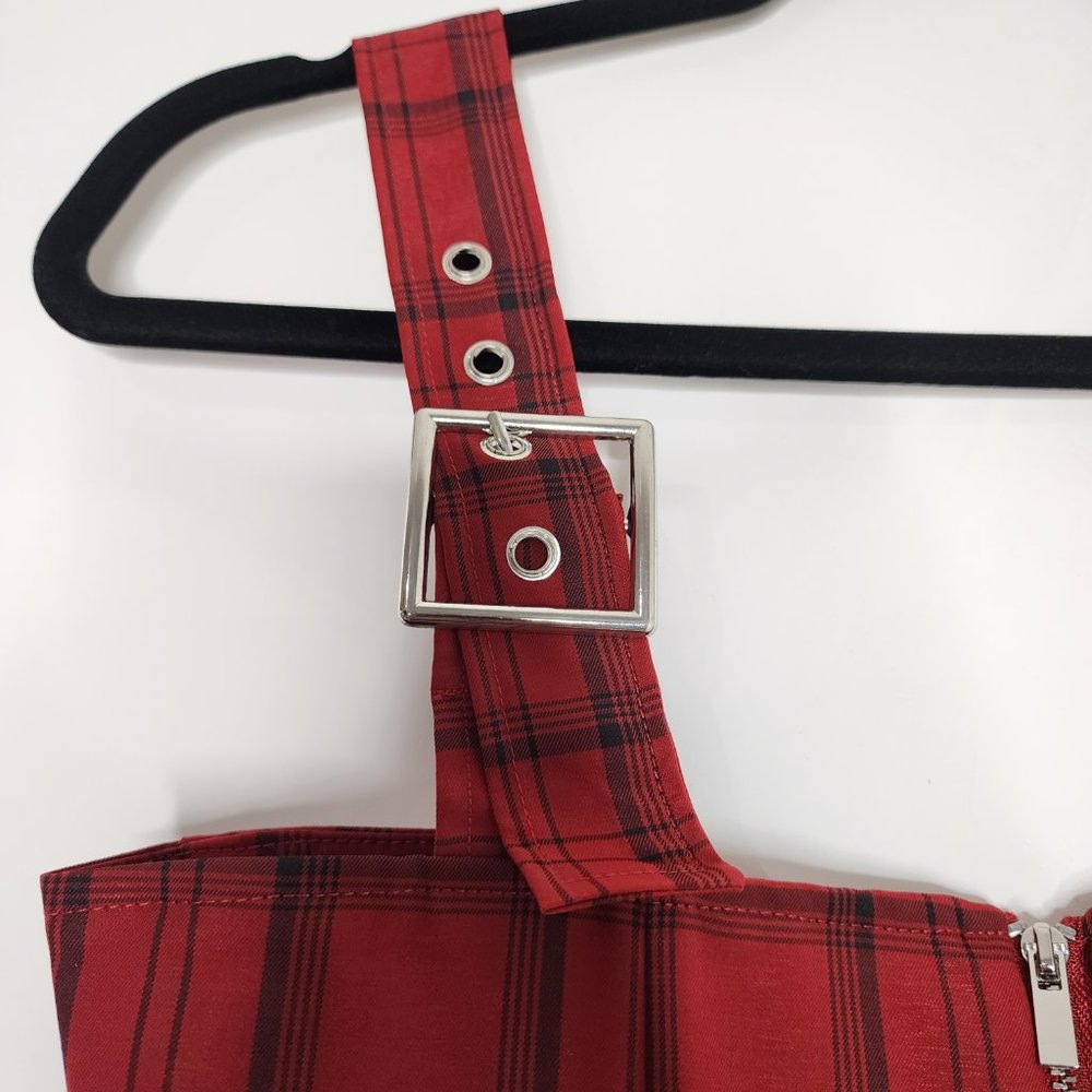 WeWoreWhat Y2K Plaid Moto Jumpsuit Overalls Stretch Buckle Adjustable Straps Red - Picture 8 of 9